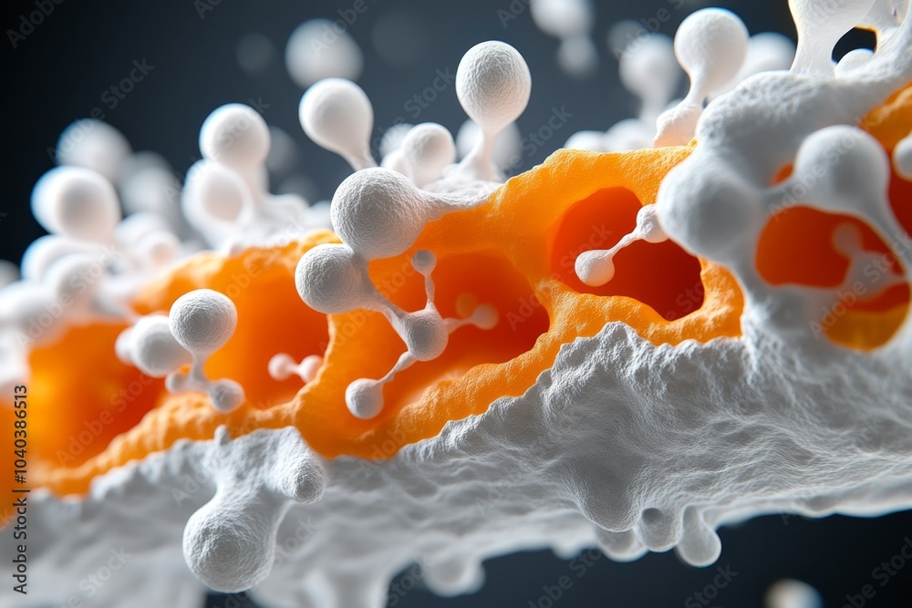 Poster Hyper-realistic close-up of an ion channel embedded in a human cell membrane, showing the atomic-level structure and movement of ions