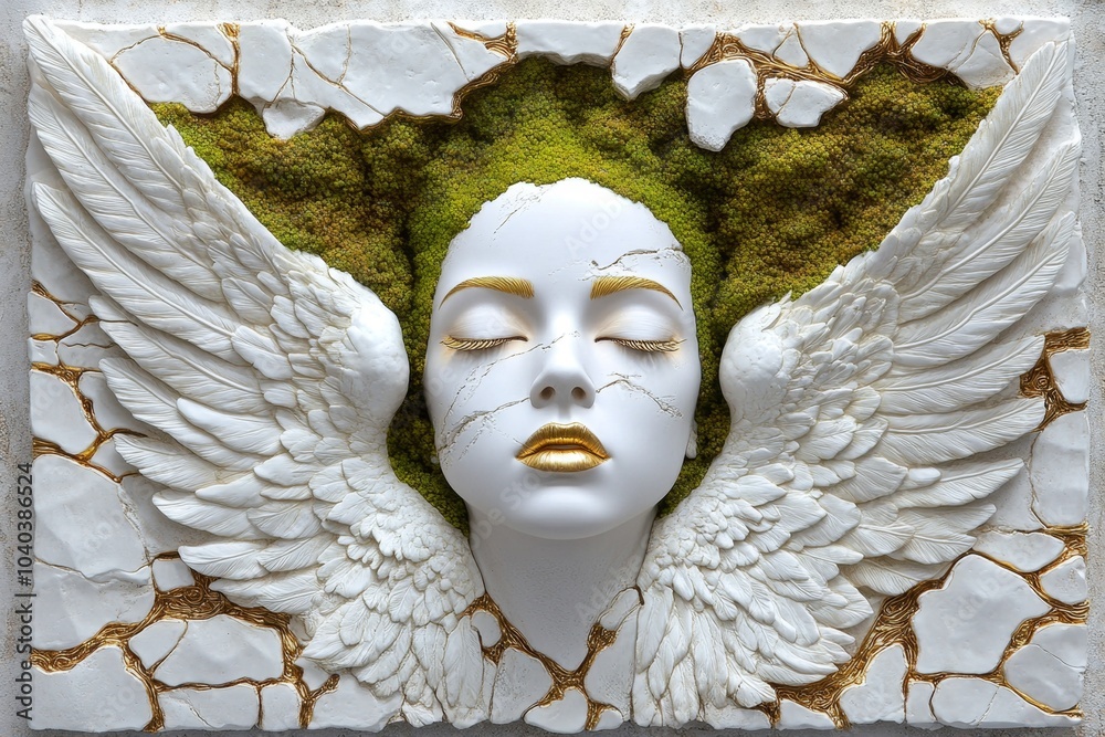 Poster hyper-realistic close-up of an angelâ€™s face, with every crack in the stone and soft moss growing a
