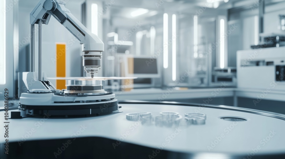 Poster An advanced robotic system conducting high-speed 3D printing in a clean, innovative lab, modern and high-tech environment with a focus on rapid prototyping