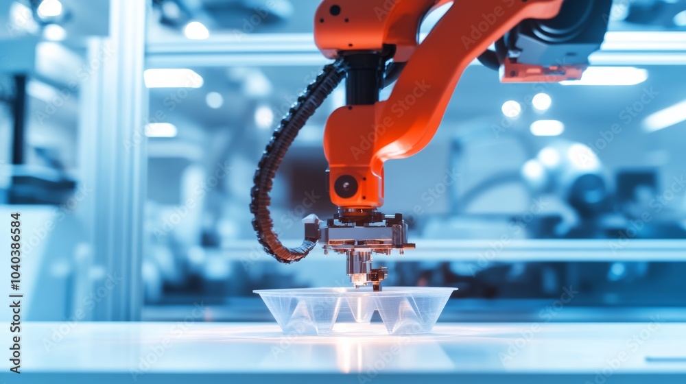 Poster An advanced robotic system conducting high-speed 3D printing in a clean, innovative lab, modern and high-tech environment with a focus on rapid prototyping