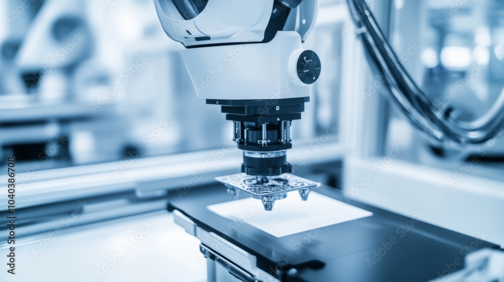 Poster An advanced robotic system conducting high-speed 3D printing in a clean, innovative lab, modern and high-tech environment with a focus on rapid prototyping