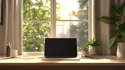 Fototapeta premium A sleek laptop is positioned on a wooden desk near a window, with sunlight streaming in and plants adding a touch of nature. Generative AI