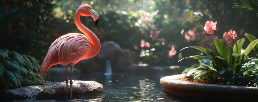 A vibrant pink flamingo stands gracefully near a serene pond, surrounded by lush greenery and delicate flowers in a tranquil garden setting.