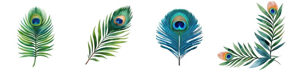 Obraz premium A vibrant illustration of peacock feathers, showcasing intricate patterns and vivid colors against a white background.