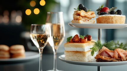 A refined brunch table setting includes elegantly plated mini desserts and sandwiches accompanied by flutes of champagne, in a softly lit ambiance.