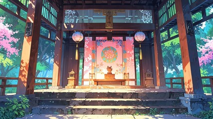 Obraz premium Cute shrine interior perspective anime style with pastel colors background
