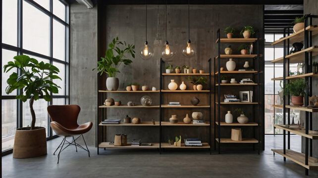 interior design of a room, Industrial Minimalist Interior with Open Shelving Unit