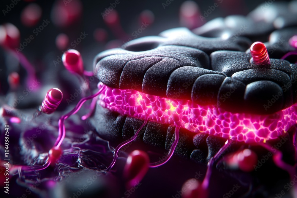 Poster hyper-realistic view of a human cell membrane, with detailed phospholipids and proteins forming a co