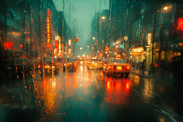 A vibrant, rain-soaked urban scene at night, with blurred reflections of lights and cars creating a moody atmosphere.