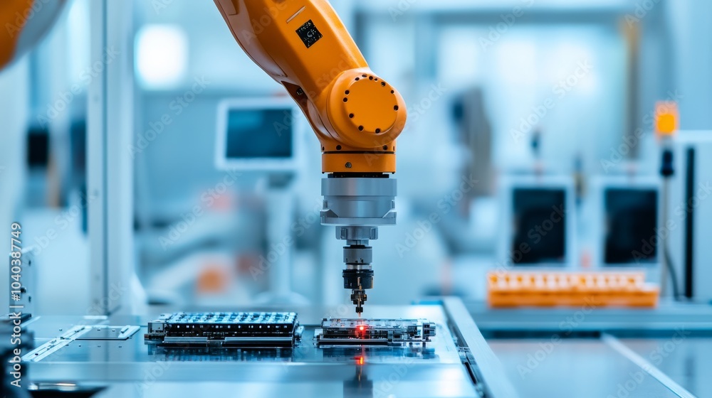 Leinwandbilder An advanced robotic system performing automated quality inspection of high-end electronics in a clean manufacturing facility, modern and precise environment with a focus on electronics quality control