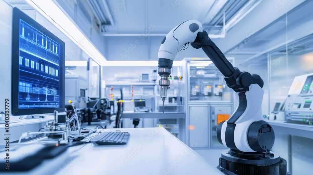 Aufkleber an advanced robotic system monitoring environmental conditions in a clean energy research lab, moder