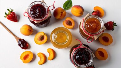 Colorful Arrangement of Fruit Preserves A Top-Down View Featuring Glass Jars of Jam, Fresh Strawberries, Apricots, and Orange Slices on a Bright White Background