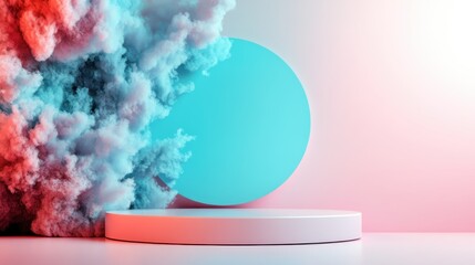 Abstract image featuring vibrant clouds in contrasting colors and circular geometric shapes, creating a modern and dynamic visual effect on a sleek surface.