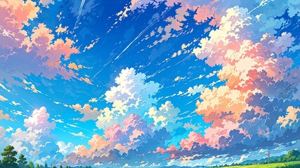 Cute clouds perspective anime style with pastel colors background