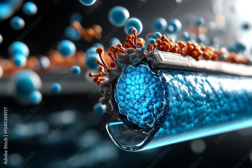 Poster illustration of the fluid mosaic model, with ion channels embedded in the cell membrane, showing det