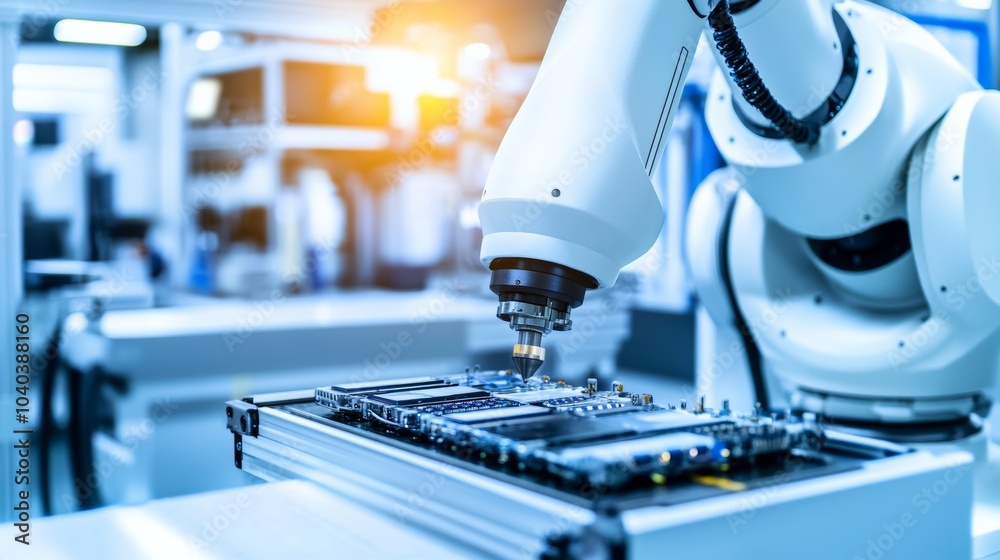 Leinwandbilder An advanced robotic system performing automated quality inspection of high-end electronics in a clean manufacturing facility, modern and precise environment with a focus on electronics quality control