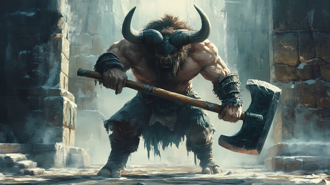 Fearsome minotaur in a labyrinth wielding a massive axe with imposing horns and a powerful stance. minotaur. illustration. Minotaur Labyrinth. Illustration