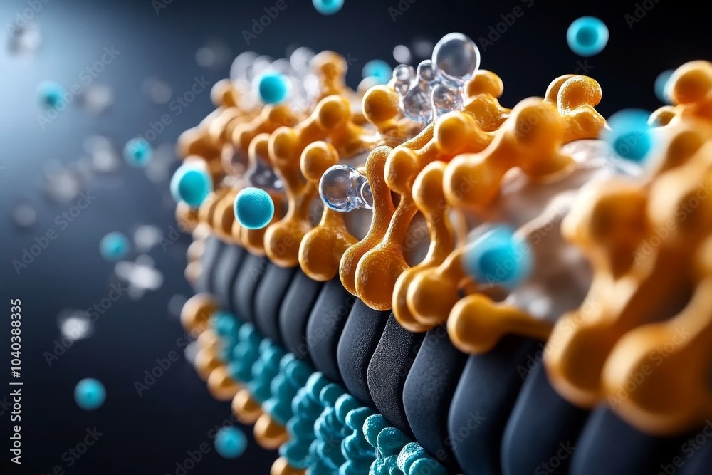Aufkleber Ion channels in action, showing a close-up of the cell membrane with ions like calcium and sodium moving in and out through the channels
