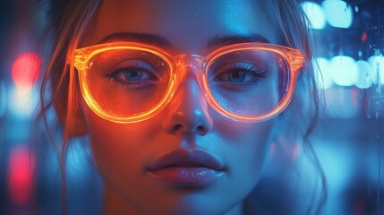 An intriguing image of a woman with curly hair and glasses, captured against a backdrop of vibrant bokeh lights in orange, red, and yellow hues.