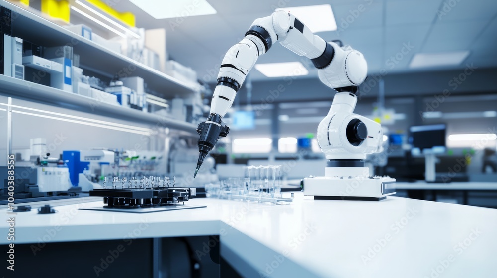 Poster An advanced robotic system performing complex research tasks in a high-tech laboratory, clean and innovative environment with a focus on scientific robotics, Research style