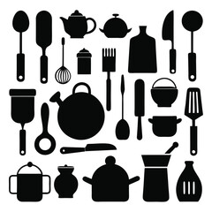 Obraz premium A comprehensive silhouette vector collection of essential kitchen tools, featuring cookware and utensils. Ideal for culinary projects, restaurant branding, or modern minimalist kitchen designs.