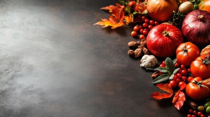 An autumn-themed table arrangement with pumpkins, walnuts, and various autumn leaves artistically spread across, capturing the essence of the fall season.