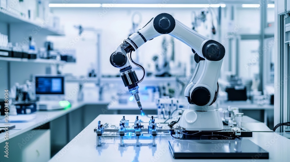 Leinwandbilder An advanced robotic system performing complex research tasks in a high-tech laboratory, clean and innovative environment with a focus on scientific robotics, Research style
