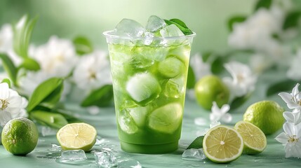 Fototapeta premium A refreshing green drink with ice and lime slices in a plastic cup.