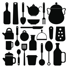 A comprehensive silhouette vector collection of essential kitchen tools, featuring cookware and utensils. Ideal for culinary projects, restaurant branding, or modern minimalist kitchen designs.