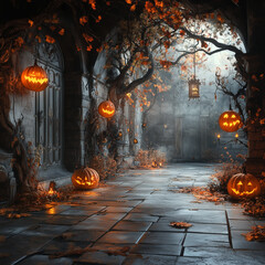 halloween pumpkins in the graveyard, Generative AI	
