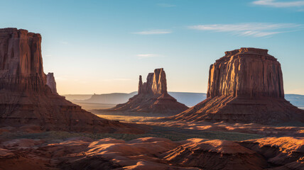 Scenic view of Monument Valley at sunset, showcasing towering sandstone buttes and a vibrant sky, capturing the essence of the American Southwest.