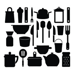A comprehensive silhouette vector collection of essential kitchen tools, featuring cookware and utensils. Ideal for culinary projects, restaurant branding, or modern minimalist kitchen designs.