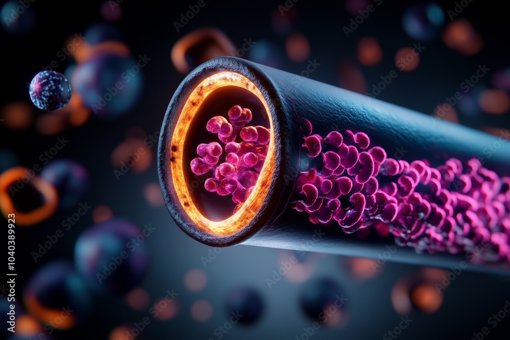 Poster Neon-lit ion channels in a cyberpunk cell membrane, with holographic interfaces showing real-time data of ion transport and glowing particles