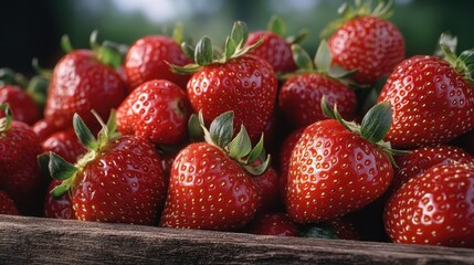 Lush, ripe strawberries fill a rustic wooden container, embodying the essence of freshness, natural beauty, and the irresistible allure of ripe summer berries.