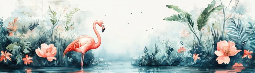 A serene watercolor scene featuring a pink flamingo amidst lush greenery and soft blossoms by a tranquil body of water.