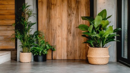 An inviting entryway features a variety of green potted plants, arranged neatly against a wooden door and concrete floor, enhancing the natural and rustic aesthetic.