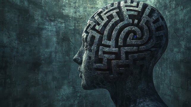 Generated illustration of human with a maze inside illustrating the complexity of the human mind and psychological processes. mental health illustration. Ultra realistic. Photorealistic