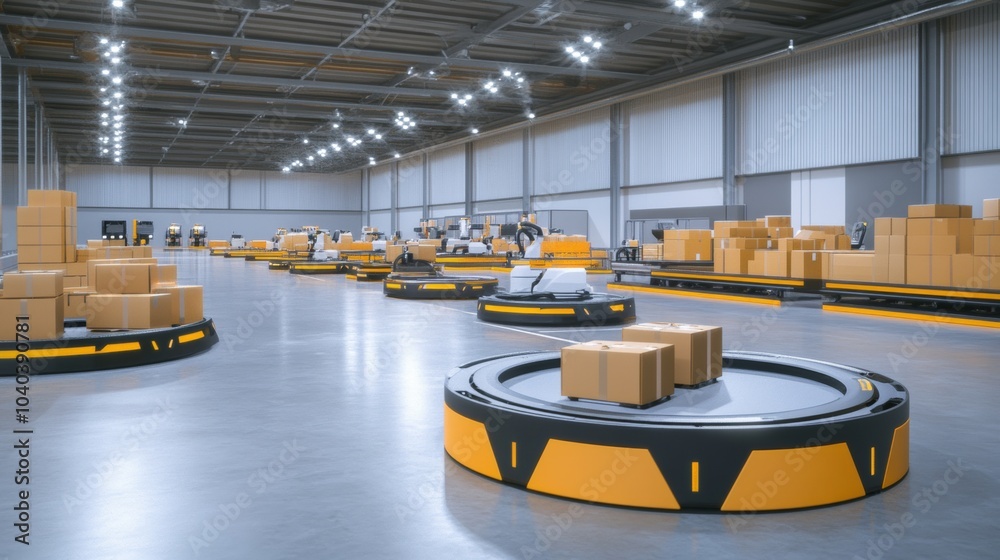 Leinwandbilder An advanced robotic warehouse system with automated robots handling packages, clean and organized logistics environment with a focus on efficiency, Logistic style