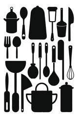 A comprehensive silhouette vector collection of essential kitchen tools, featuring cookware and utensils. Ideal for culinary projects, restaurant branding, or modern minimalist kitchen designs.