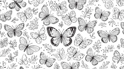 Seamless pattern with hand-drawn butterflies and leaves in black and white.