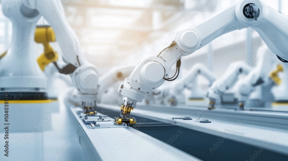Poster An advanced robotics assembly line with multiple robotic arms assembling intricate parts, clean industrial setting with high-tech machinery, Industrial style