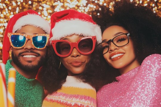 diverse group of coworkers posing together at a photo booth during a corporate holiday party. They are wearing festive accessories like oversized glasses, Santa hats, and holiday sweaters - Powered by Adobe
