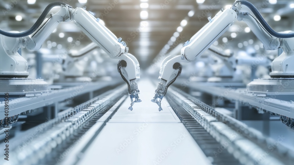 Poster An advanced robotics assembly line with multiple robotic arms assembling intricate parts, clean industrial setting with high-tech machinery, Industrial style