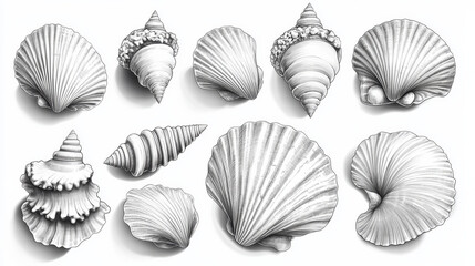 Vintage Engraving Style Vector Illustration of Sea Shell Set Sketch