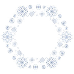 Winter frame of snowflakes with place for text. Many blue snowflakes on white background. Monochrome decorative design element. Mandala ornament vector illustration. Coloring page design.