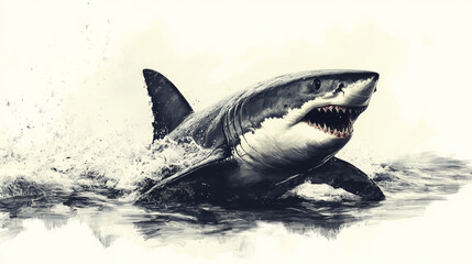 Fototapeta premium Sketch Raster Illustration of a Shark Fin Above Water - Sea Life Concept Artwork
