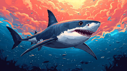 Obraz premium Cartoon Illustration of a Playful Shark in the Sea - Fun and Colorful Underwater Scene with Marine Animal