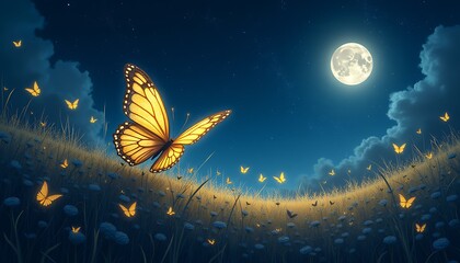 Celestial Dance: Sparkling Butterflies under a Starry Moonlit Sky
