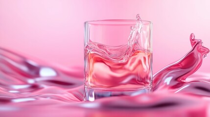 A clear glass captures dynamic splashes of pink liquid on a smooth, fluid-looking pink surface, representing movement, creativity, and modern expression.