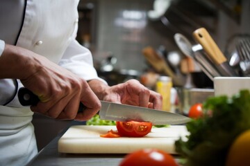 Close-up of a chef's hands skillfully preparing ingredients, showcasing precise movements and attention to detail in the process of creating a delicious dish.